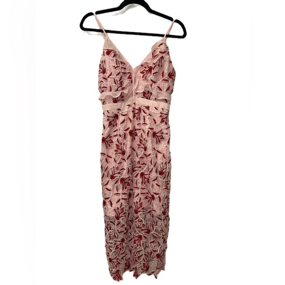 Bardot Dresses & Skirts - Bardot Coco Lace midi dress in pink with red and pink floral accents size 4